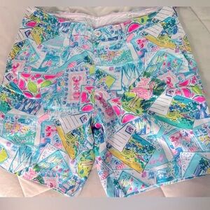 EUC Lilly Pulitzer Mens Pop Up Wish You Were Here Beaumont Stretch Shorts 32